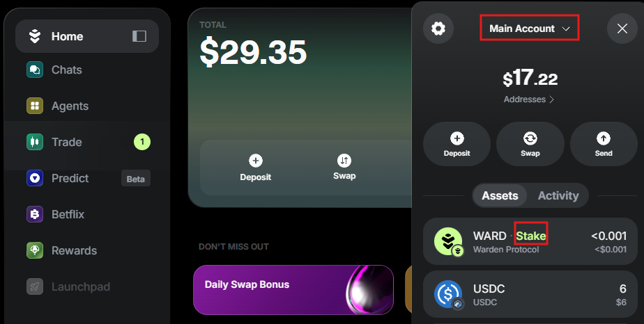 Access the staking screen through the main Warden account