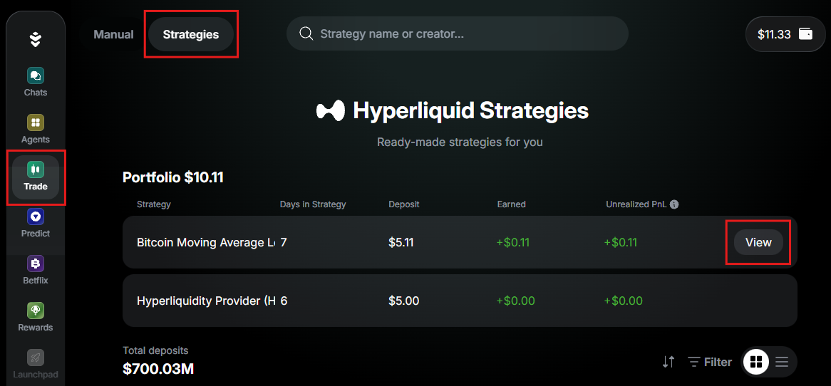 Access your trading positions opened with Strategies on Warden